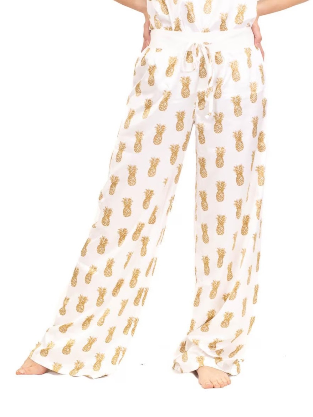 Royal Standard Pineapple Pajama Sleep  Lounge Pants Satin White Gold Women Large
